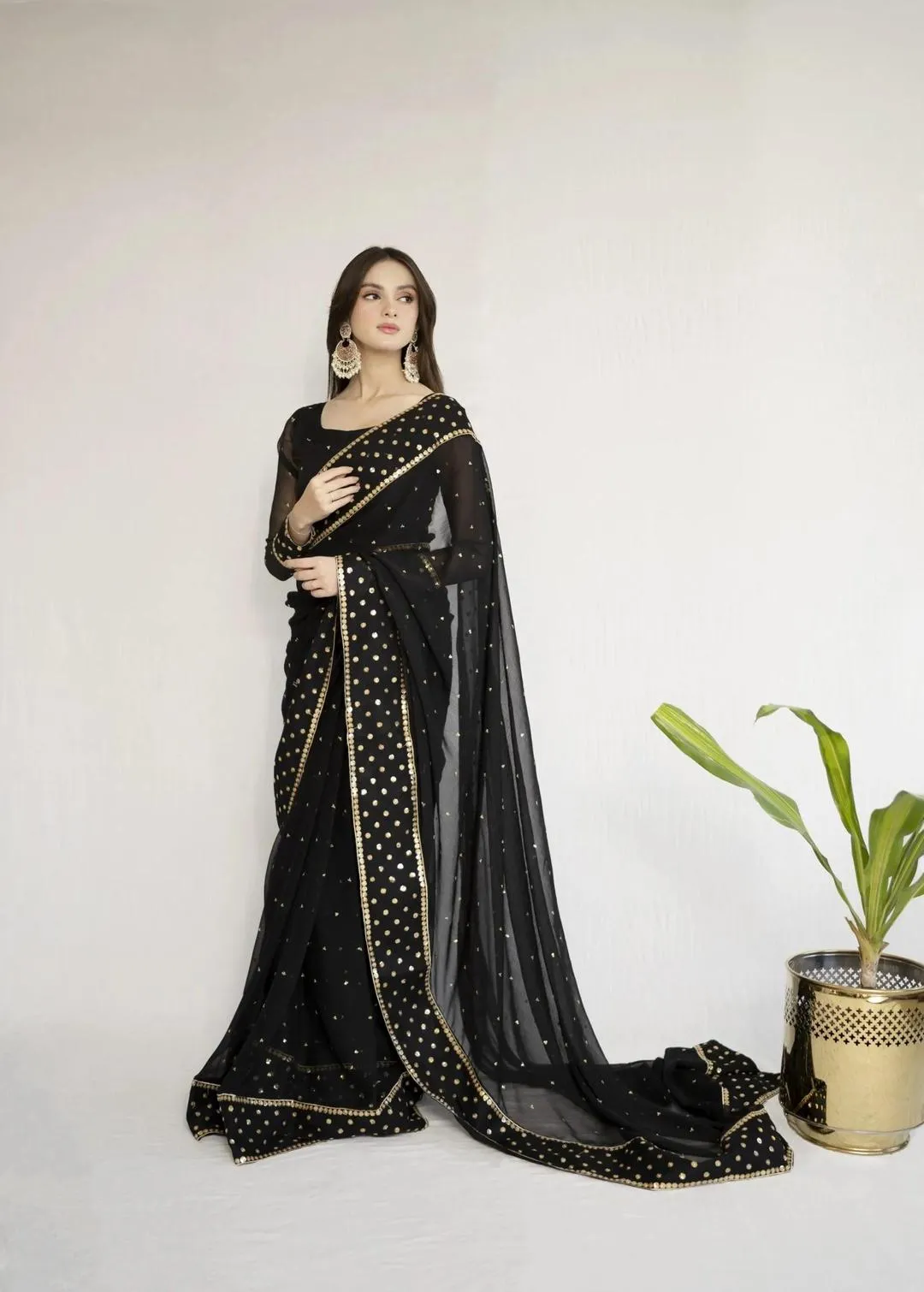 Elegant Black Chiffon Stitched Saree with Hand Work - 3 Pcs Set