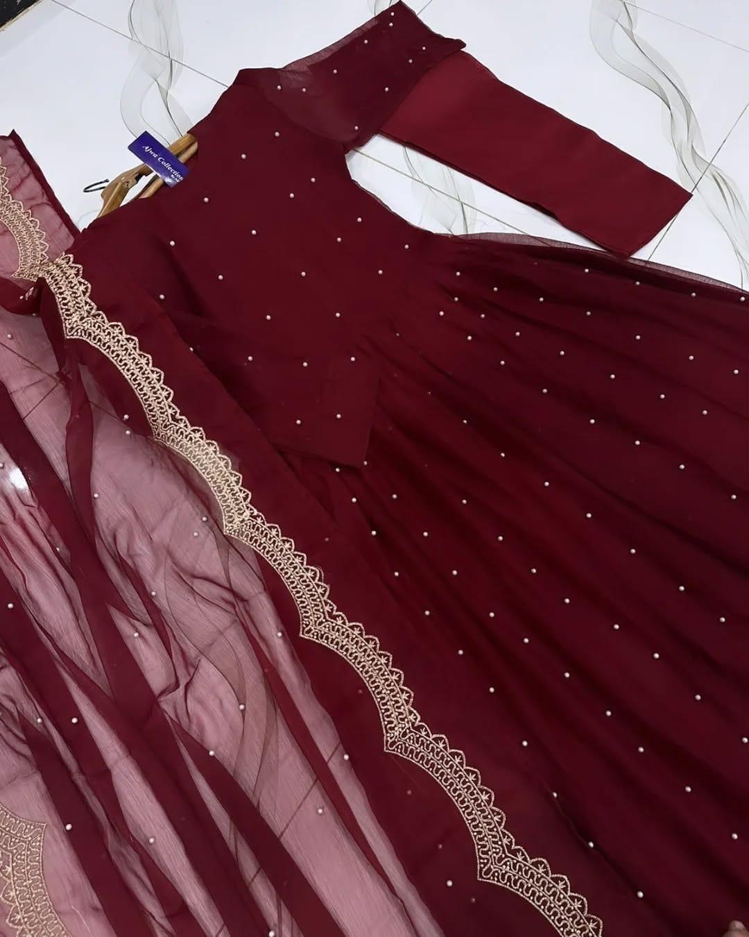Elegant 3 Pcs Women's Stitched Maxi Suit in Embroidered Chiffon - Maroon
