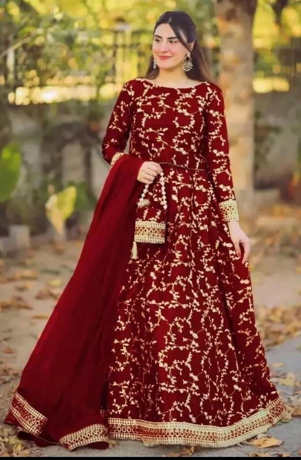 Stunning Women's Stitched Dupatta Set - 4 Pcs Embroidered Shamoz Silk Maxi Suit