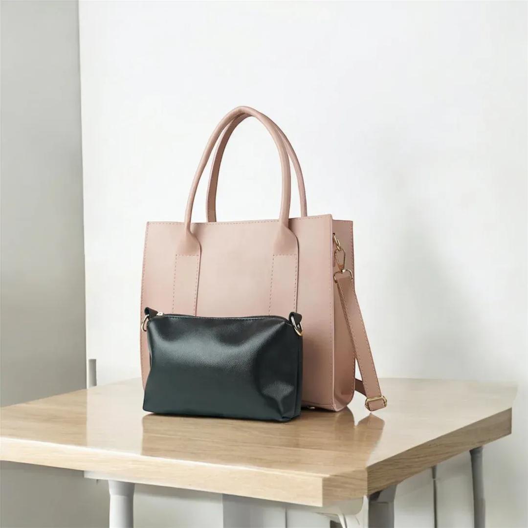 Stylish PU Leather Hand Bag Set for Girls - 2 Pcs in Pink & Black