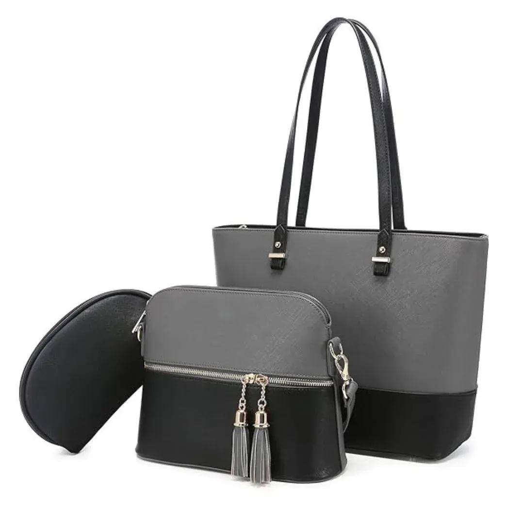 Stylish Women's PU Leather Hand Bag Set - 3 Pcs in Grey & Black