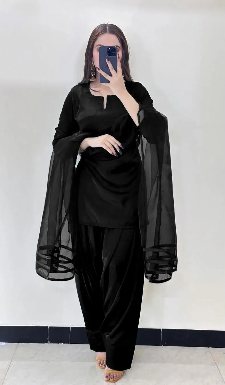 3 Pcs Women's Stitched Silk Plain Suit