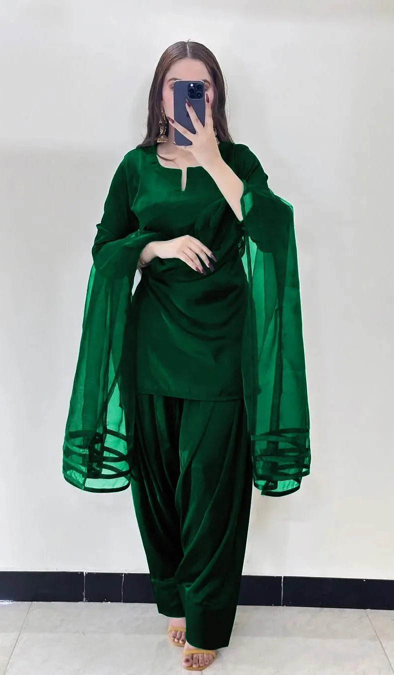 3 Pcs Women's Stitched Silk Plain Suit