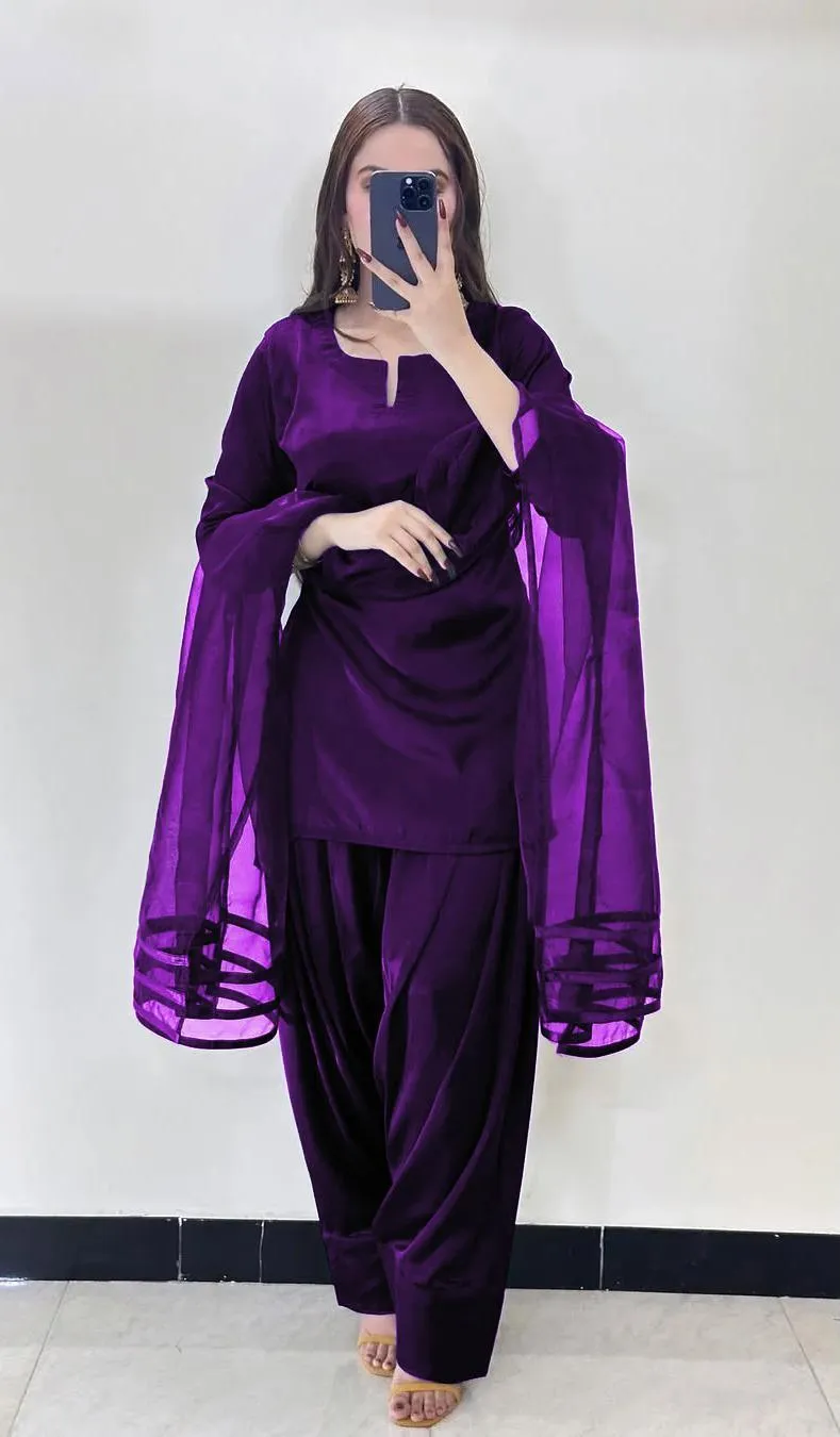 3 Pcs Women's Stitched Silk Plain Suit