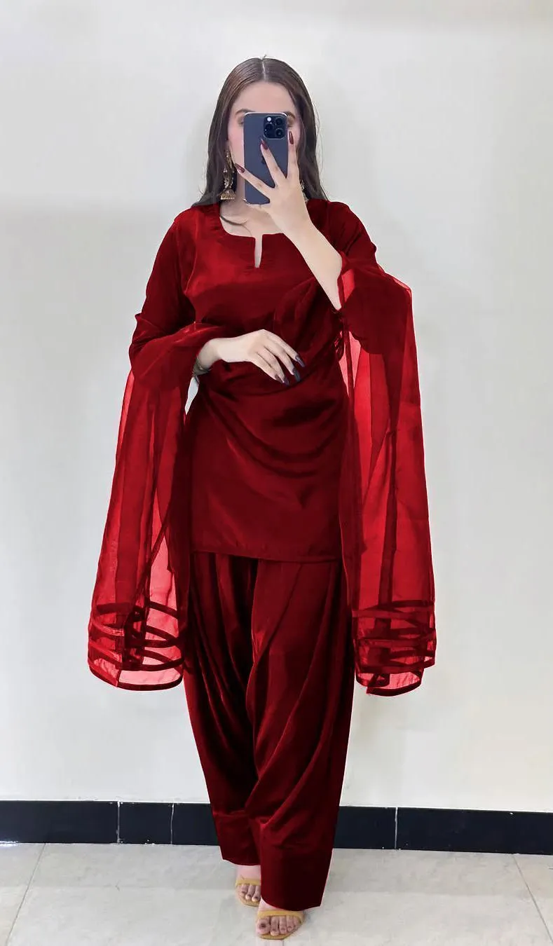 3 Pcs Women's Stitched Silk Plain Suit