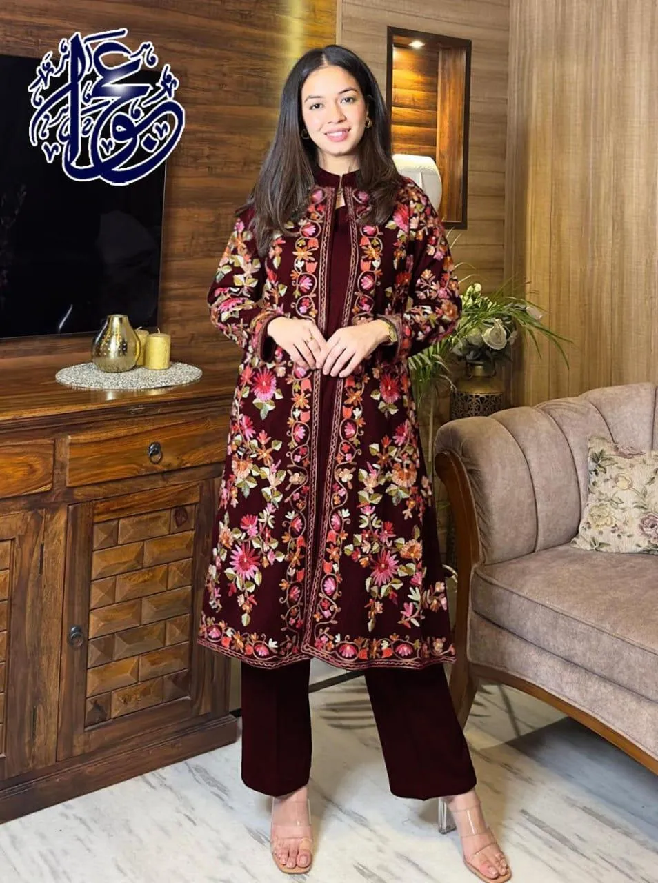 Elegant Women's Stitched 3 Pcs Gown Suit in Black Shamoz Silk with Embroidered Design