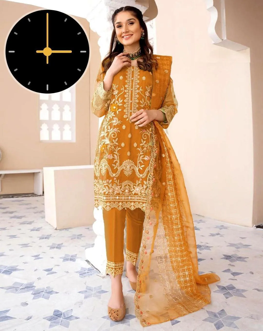 3 Pcs Women's Stitched Organza Embroidered Suit