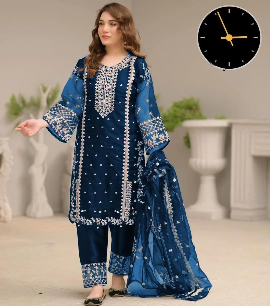 3 Pcs Women's Stitched Organza Embroidered Suit