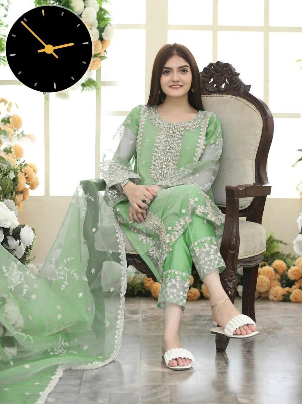 3 Pcs Women's Stitched Organza Embroidered Suit