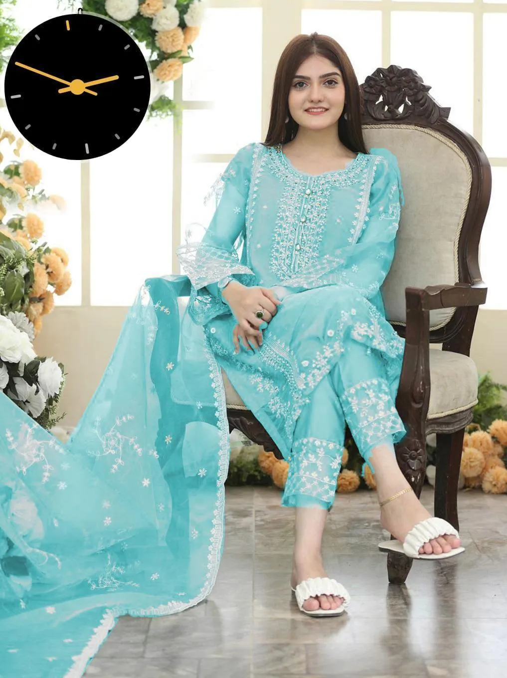 3 Pcs Women's Stitched Organza Embroidered Suit