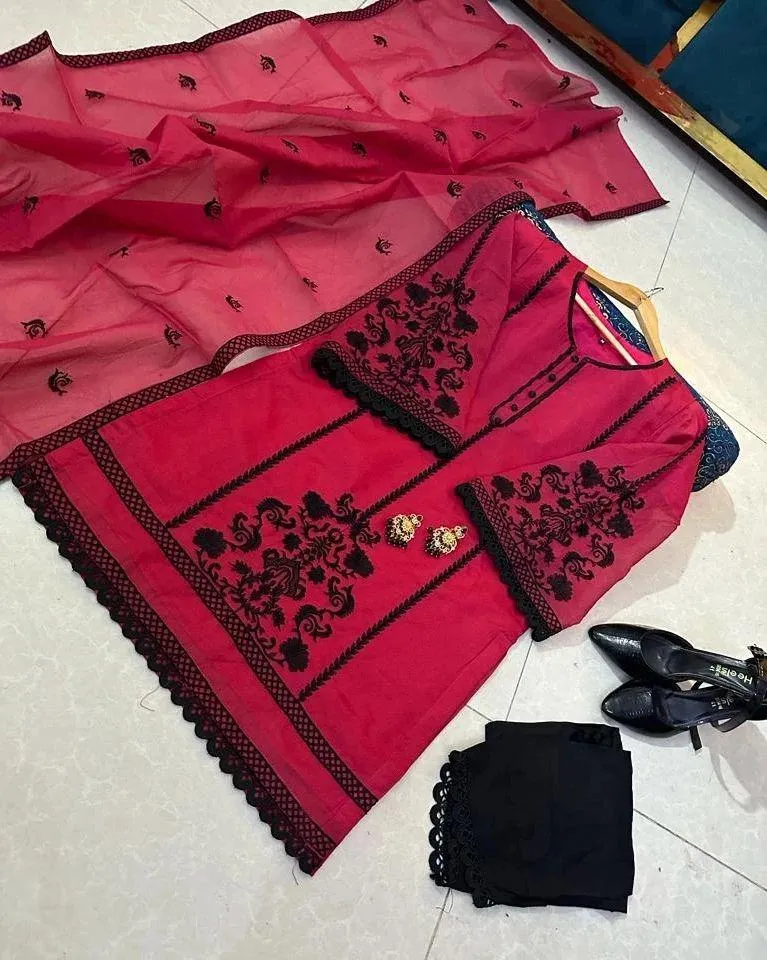 3 Pcs Women's Stitched Organza Embroidered Suit