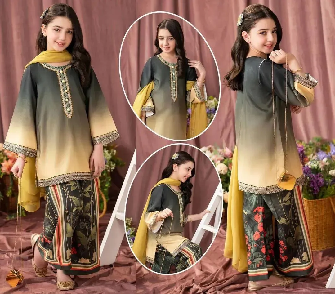 Charming Printed Stitched Suit for Girls - 3 Pcs Set in Multicolor
