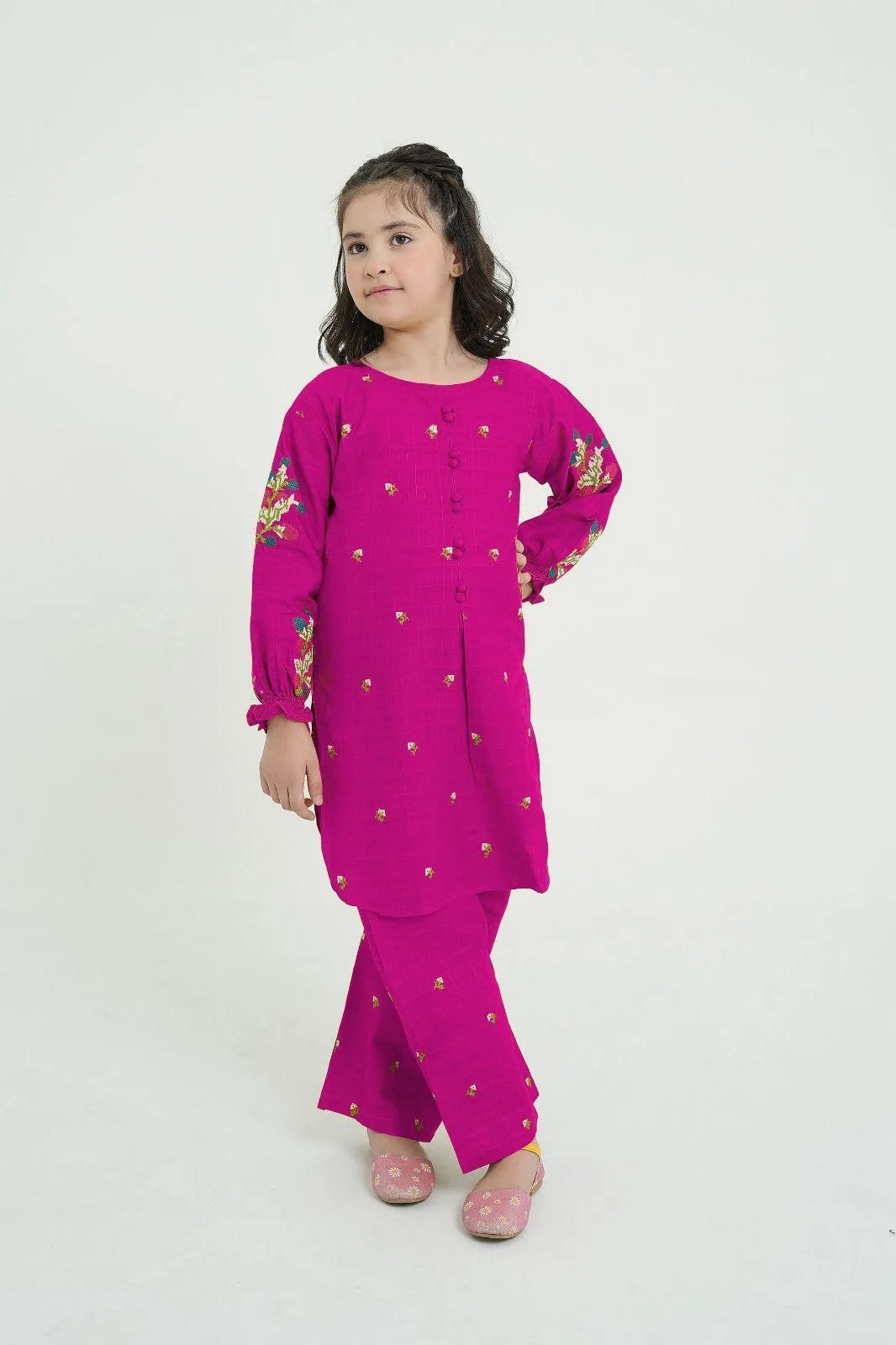2 Pcs Girl's Stitched Cotton Embroidered Kurta