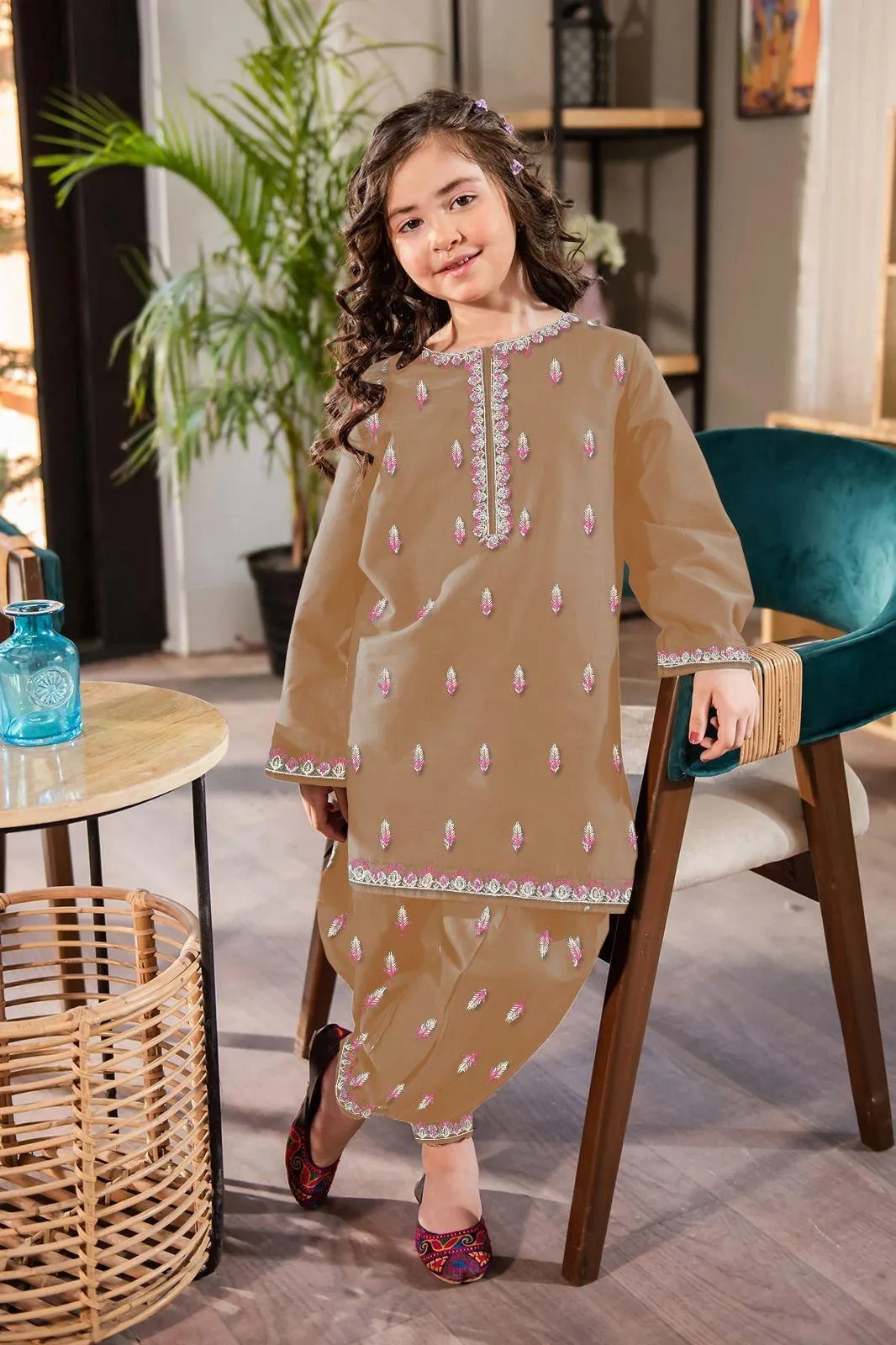 2 Pcs Girl's Stitched Cotton Embroidered Shuit