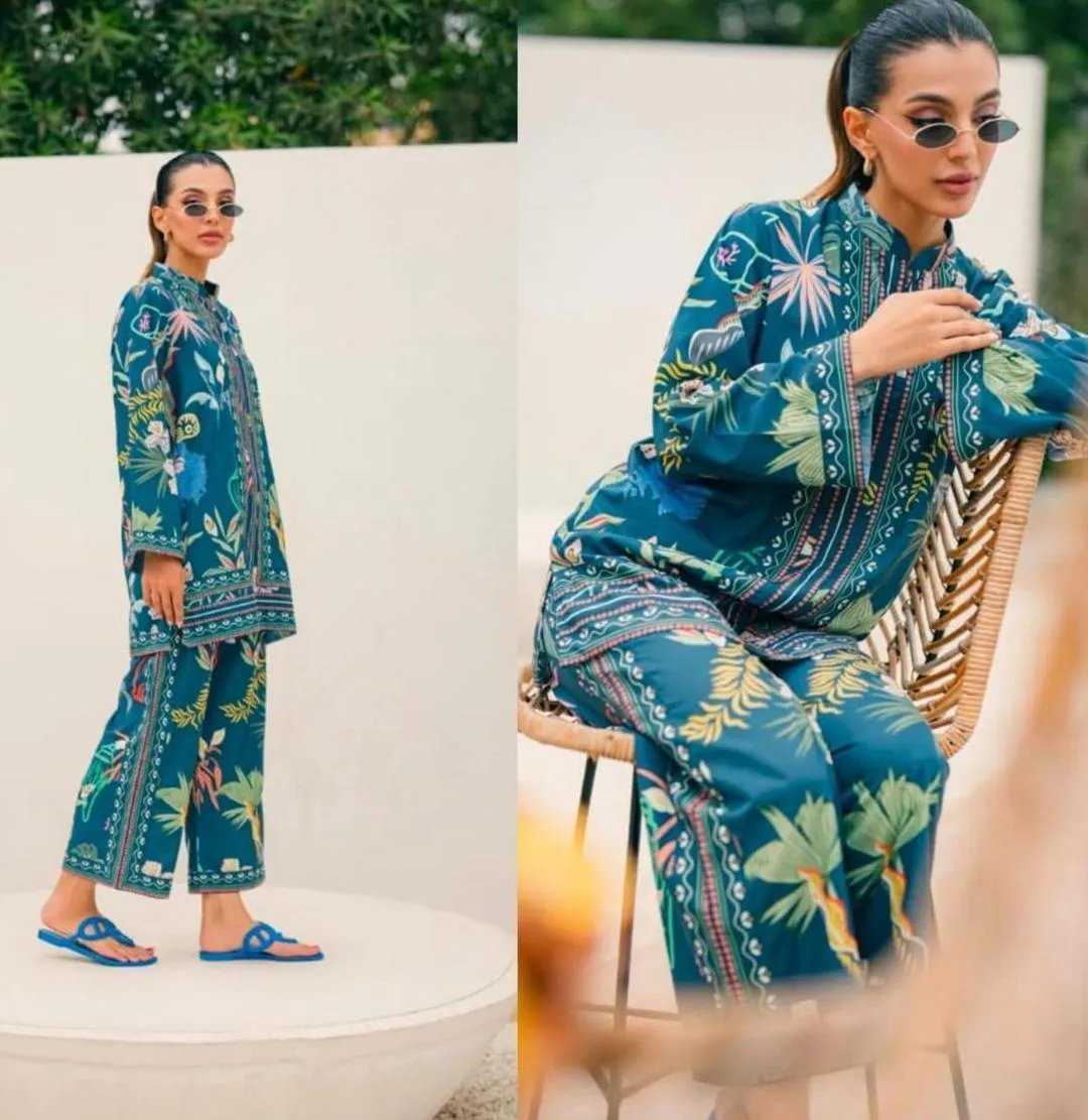 2 Pcs Women's Stitched Swiss Lawn Printed Co-Ord Set