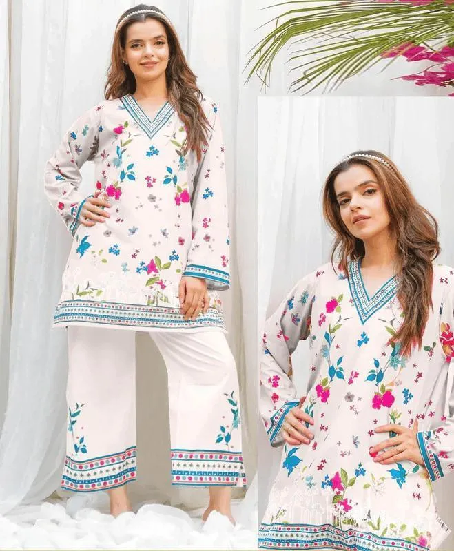 2 Pcs Women's Stitched Swiss Lawn Printed Co-Ord Set