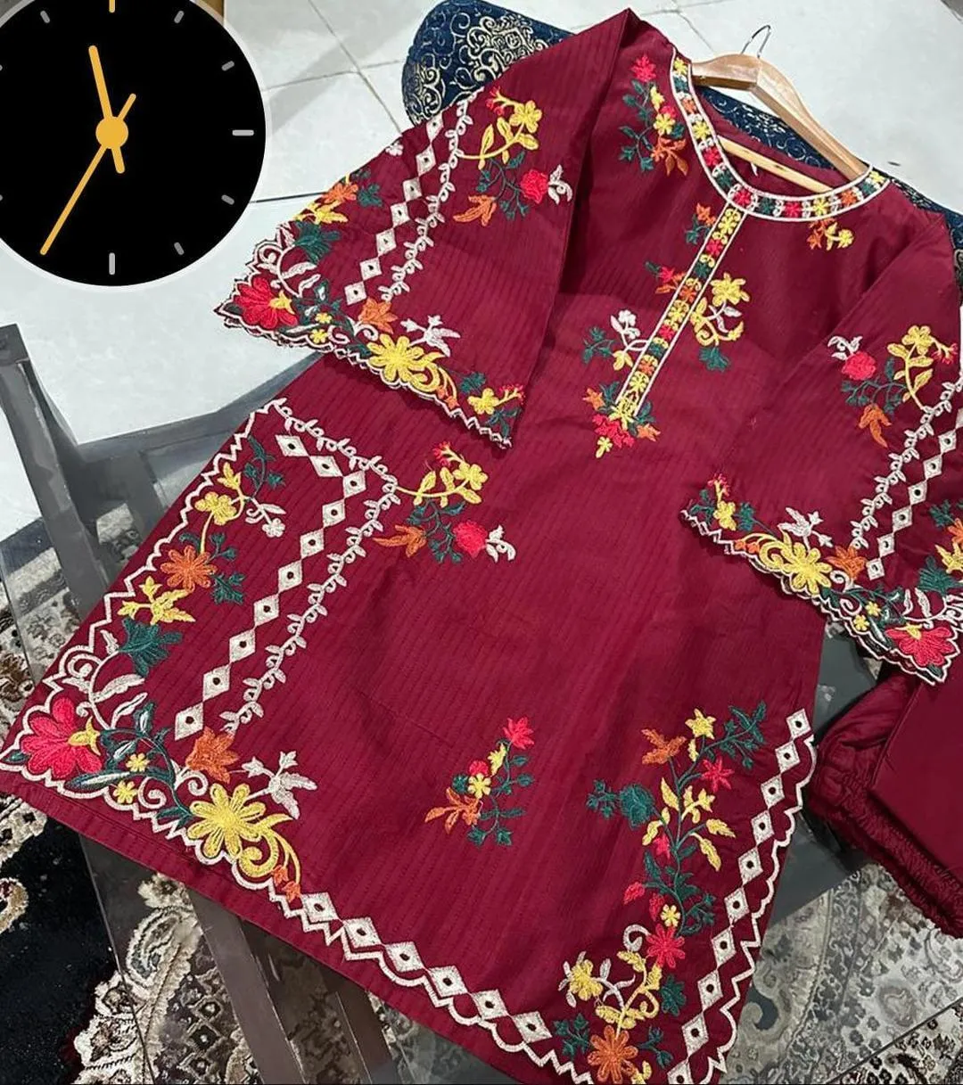 2 Pcs Women's Stitched Linen Embroidered Co-Ord Set