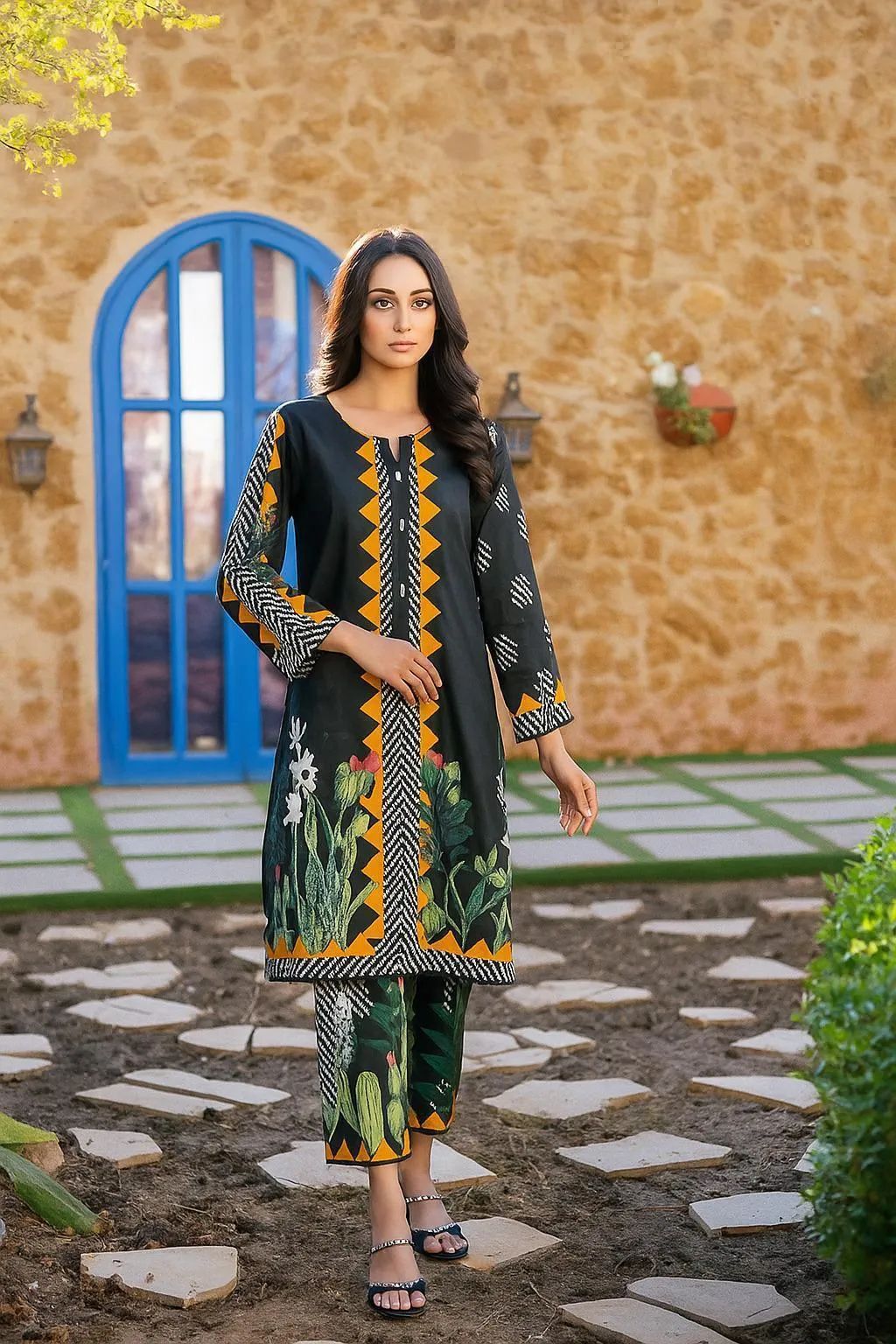 2 Pcs Women's Stitched Swiss Lawn Printed Shirt And Trouser