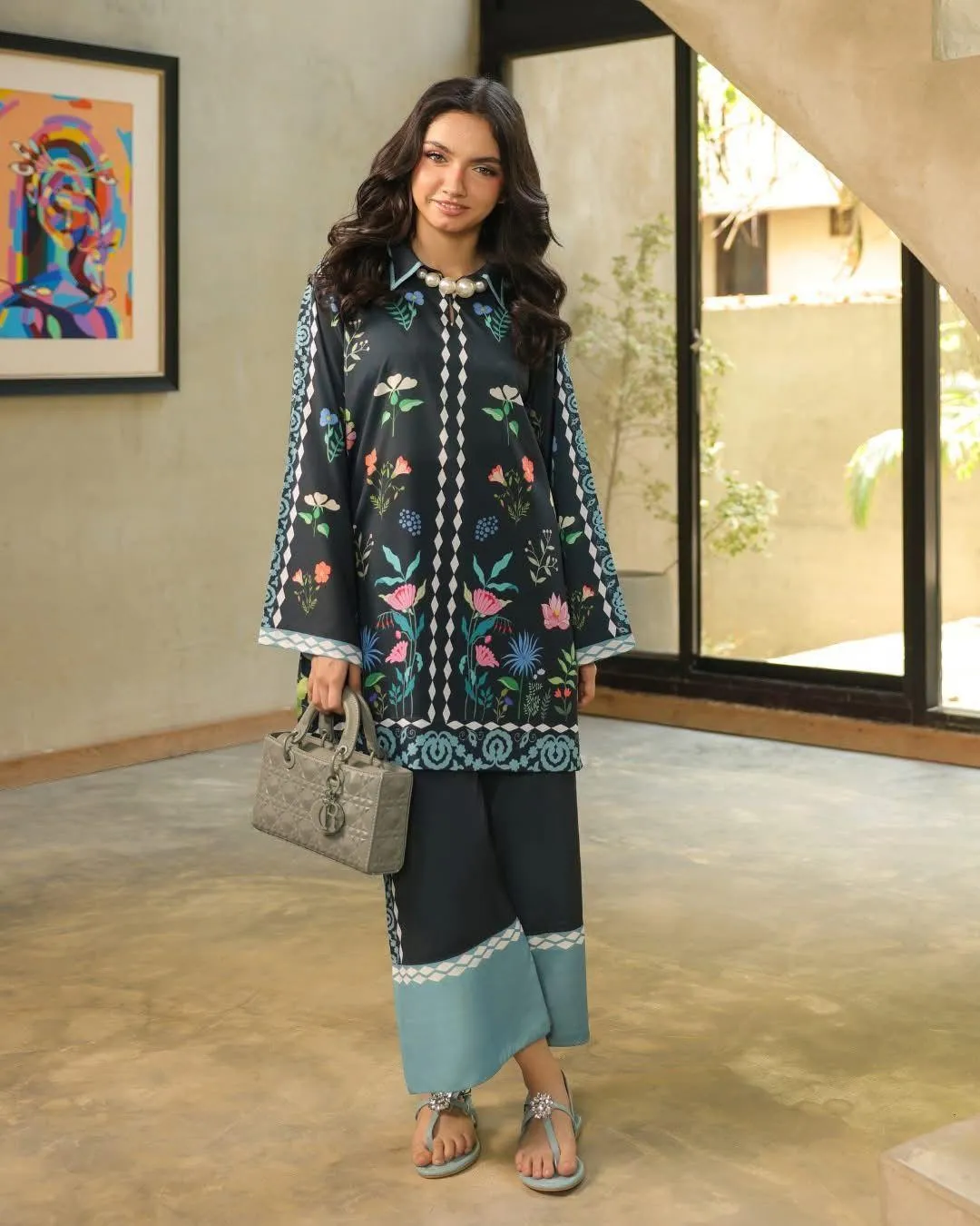 2 Pcs Women's Stitched Swiss Lawn Printed Shirt And Trouser