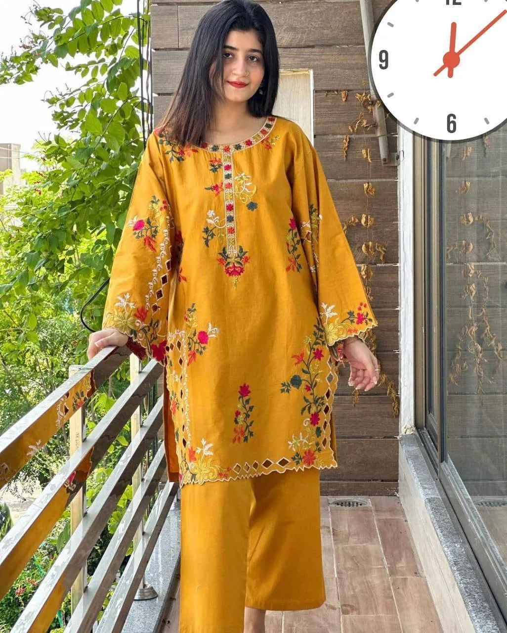 2 Pcs Women's Stitched Linen Embroidered Shirt And Trouser