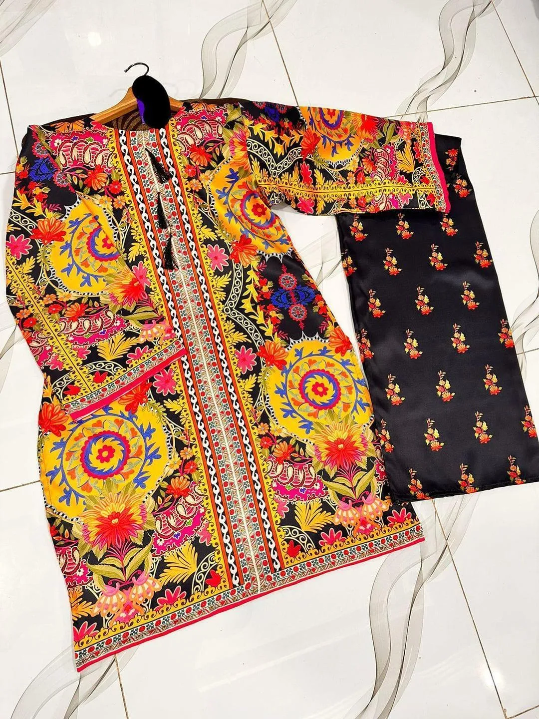 2 Pcs Women's Stitched Silk Digital Print Shirt And Trouser
