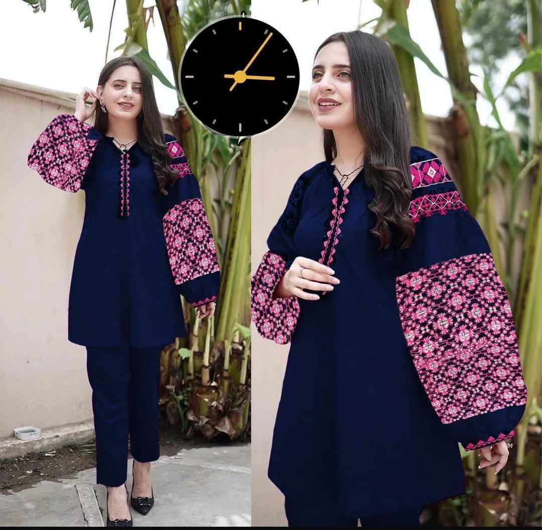 2 Pcs Women's Stitched Linen Embroidered Shirt And Trouser