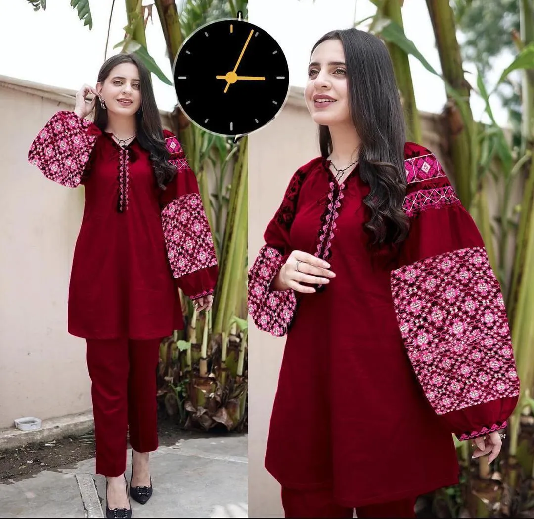 2 Pcs Women's Stitched Linen Embroidered Shirt And Trouser