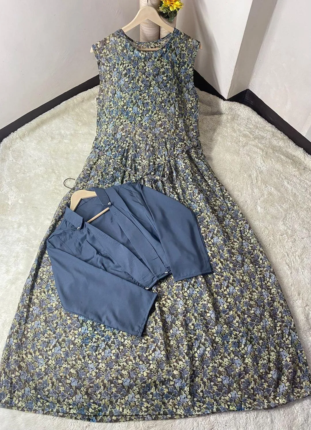 Printed Georgette Maxi and Jacket Set - 2 Pcs in Blue