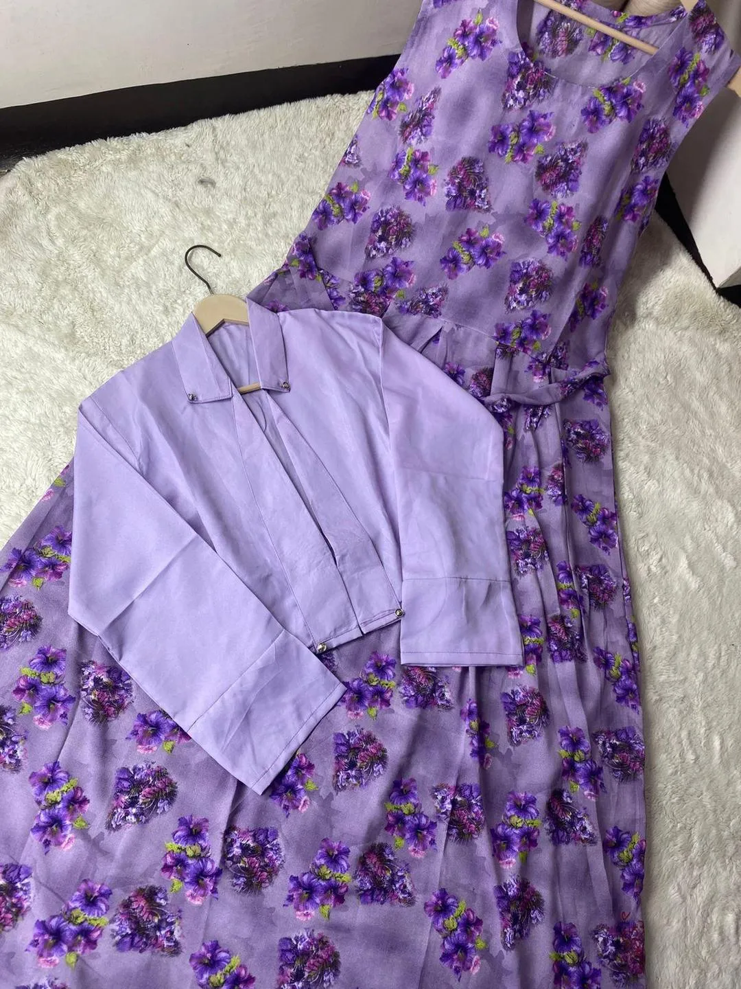 Elegant 2 Pcs Women's Stitched Printed Maxi and Jacket in Swiss Lawn - Purple