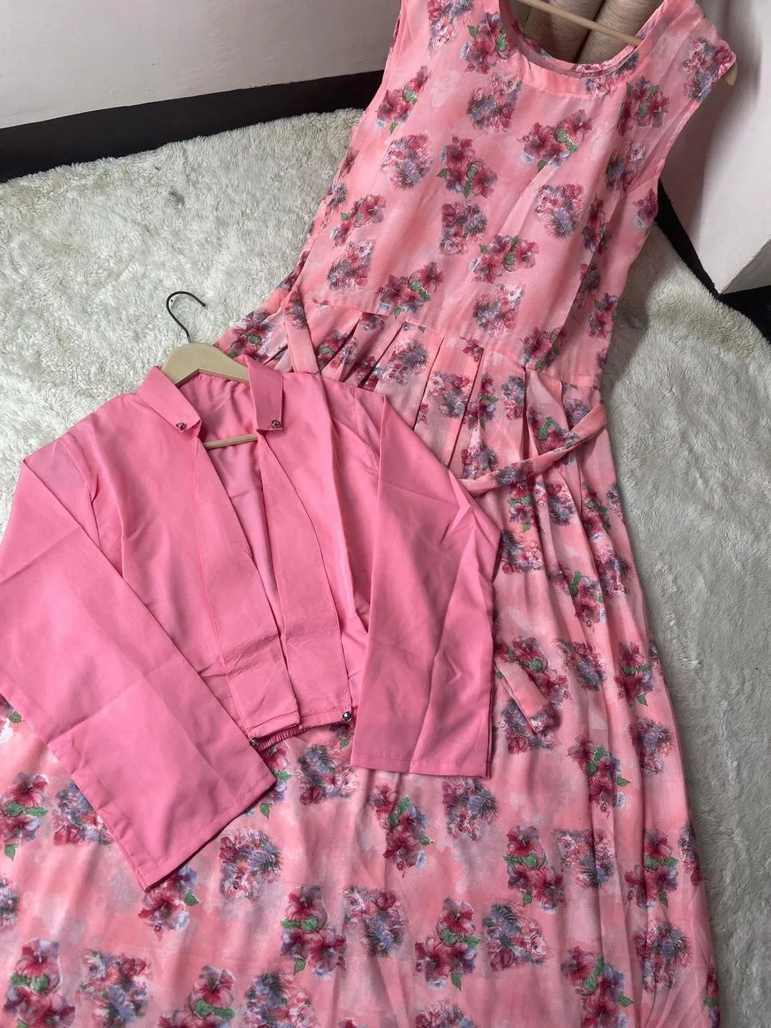 Stylish Printed Maxi And Jacket - 2 Pcs in Pink Swiss Lawn