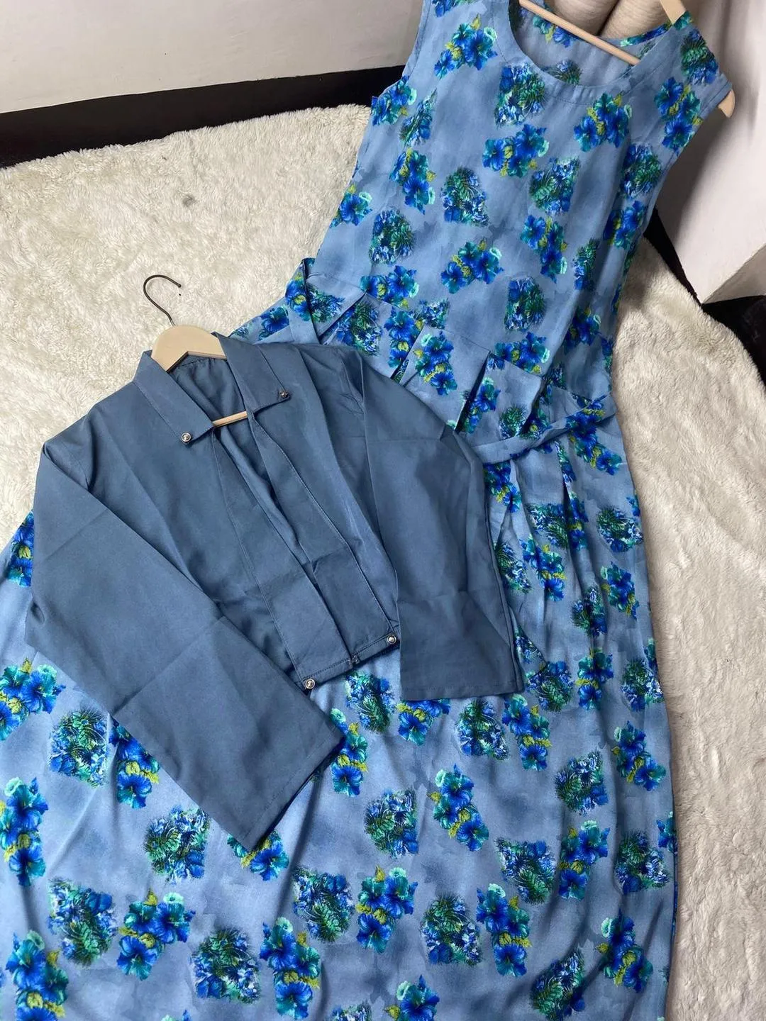 Stunning 2 Pcs Blue Printed Maxi and Jacket Set in Swiss Lawn