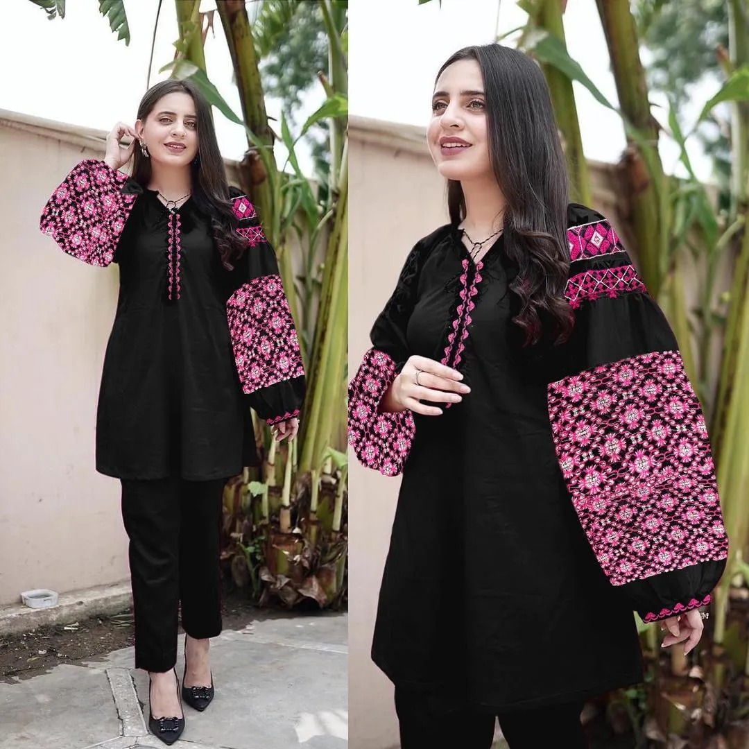 2 Pcs Women's Stitched Linen Embroidered Shirt And Trouser