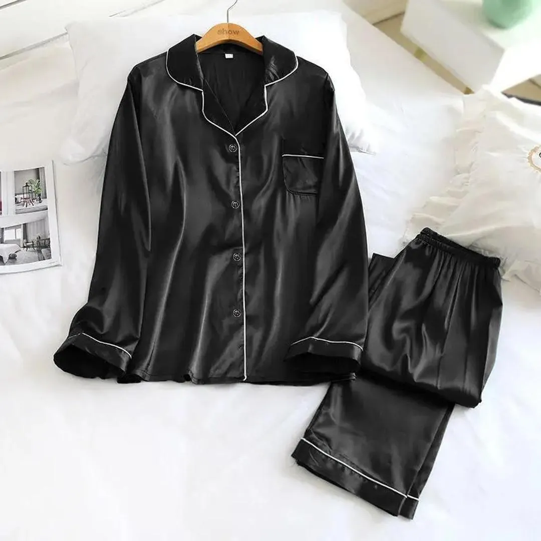 2 Pcs Women's Stitched Silk Plain Night Suit