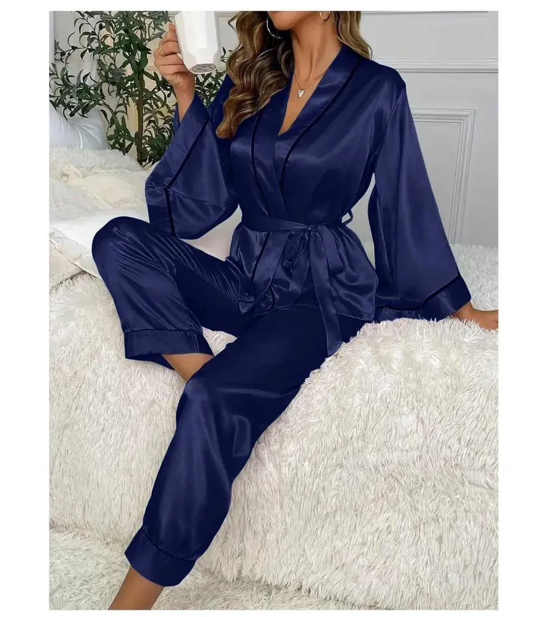 2 Pcs Women's Stitched Silk Plain Night Suit