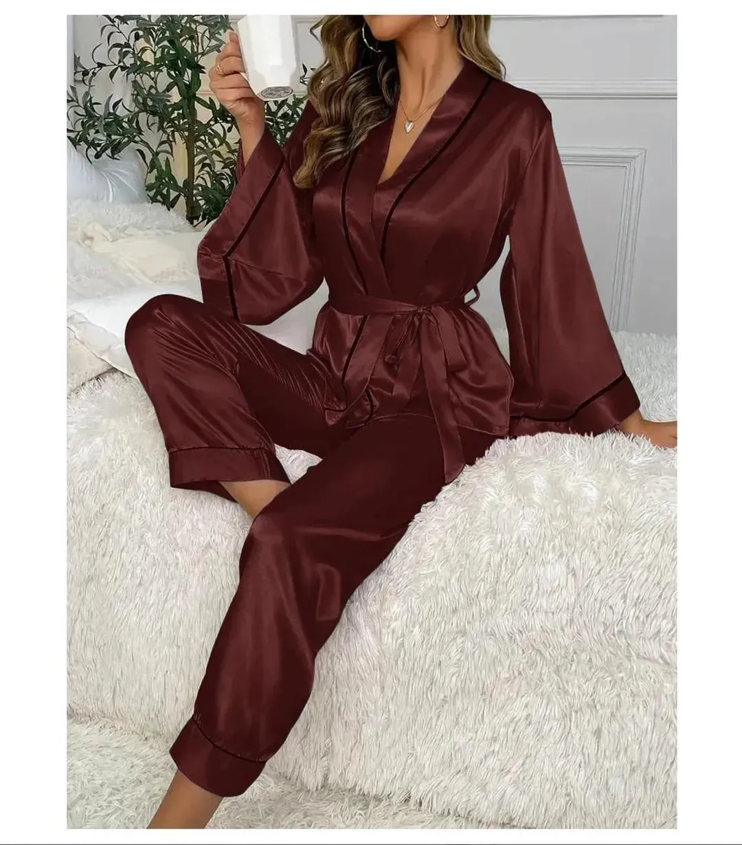 2 Pcs Women's Stitched Silk Plain Night Suit