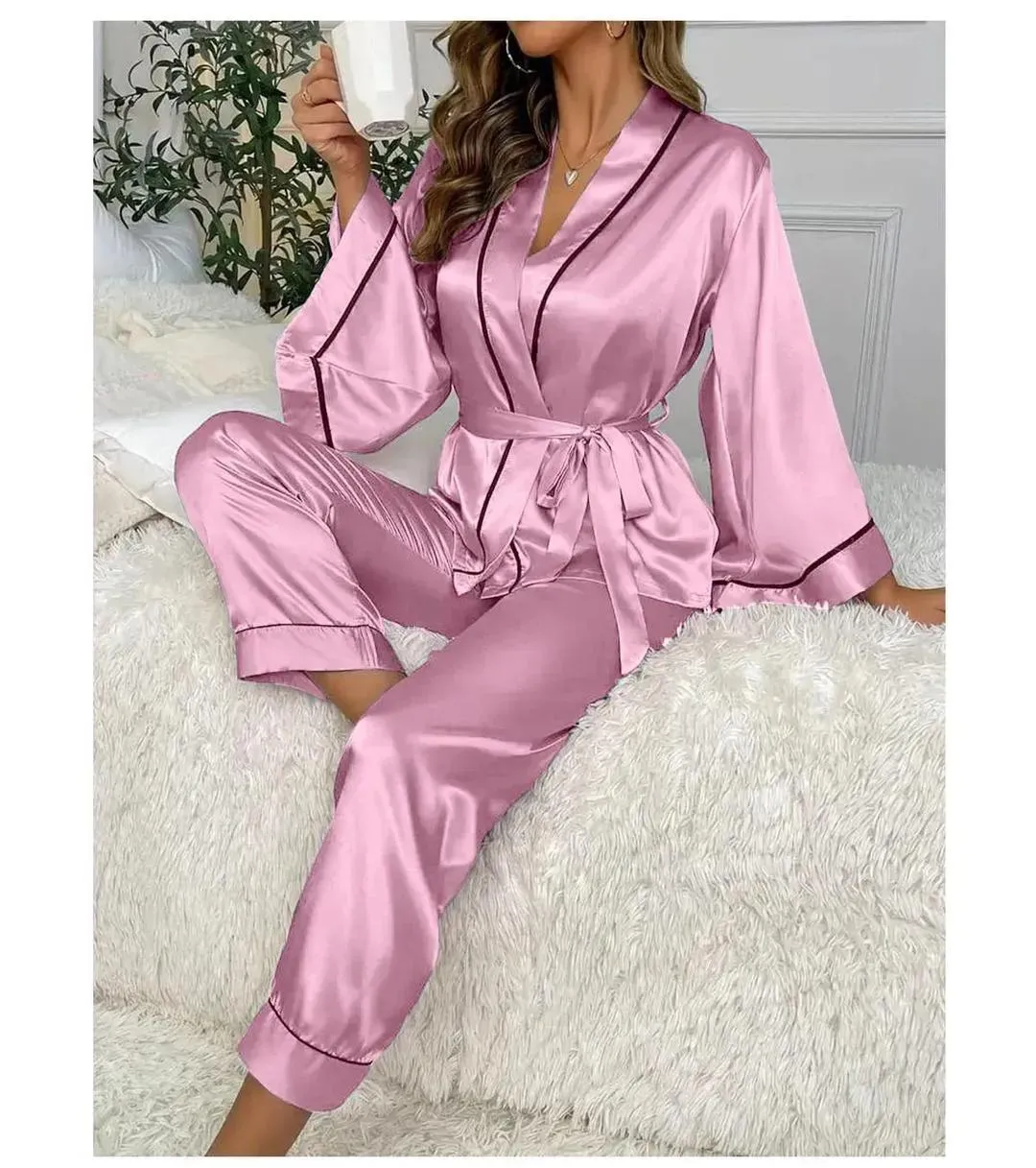 2 Pcs Women's Stitched Silk Plain Night Suit