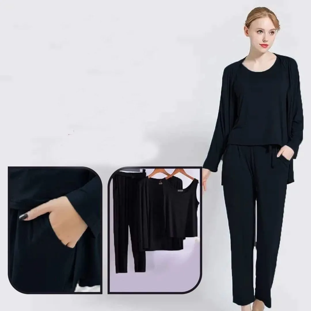 3 Pcs Women's Stitched Jersey Plain Night Suit