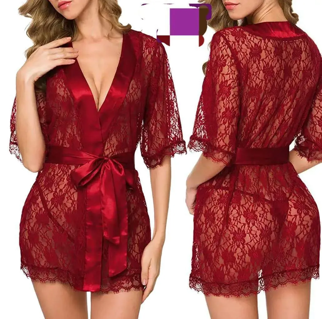 2 Pcs Women's Stitched Silk Lace-Work Night Gown