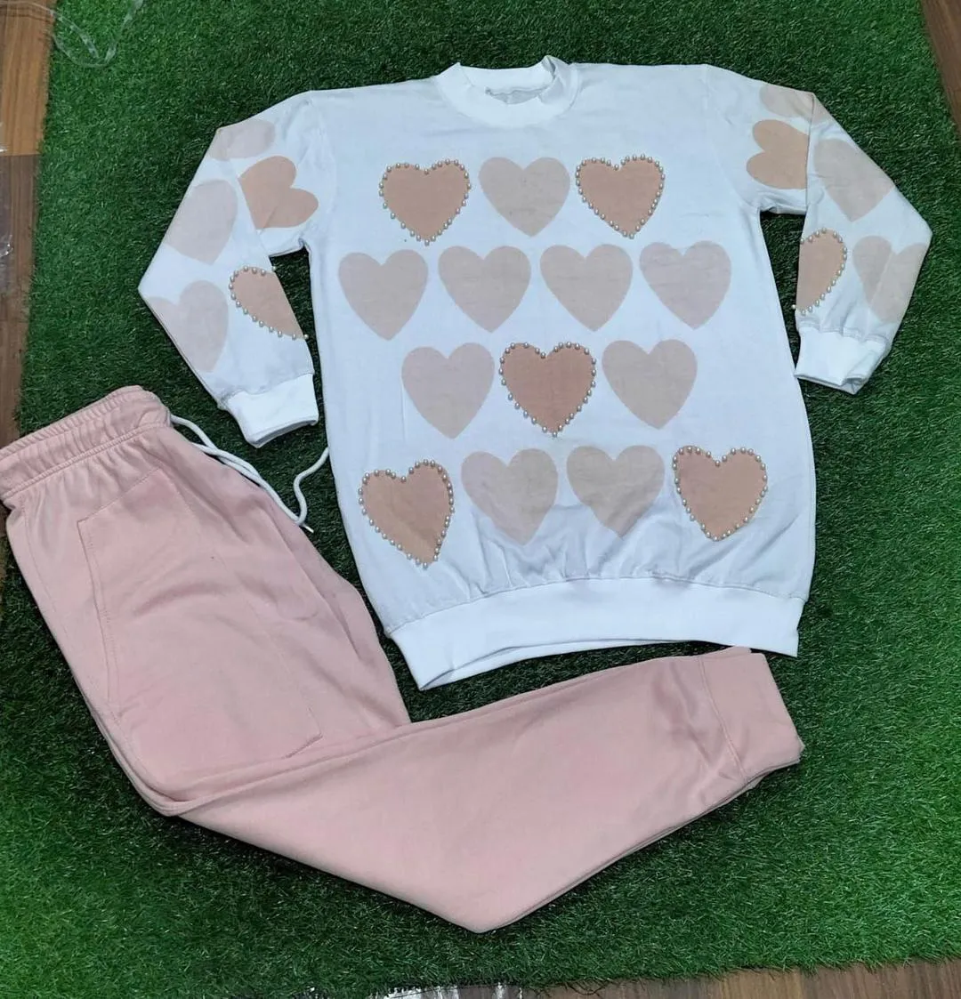 2 Pcs Women's Stitched Fleece Printed Sweatshirt Tracksuit