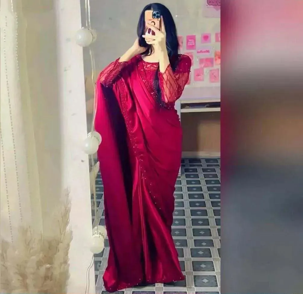 Stitched Saree in Exquisite Maroon Silk with Embroidered Pattern - 1 Pc