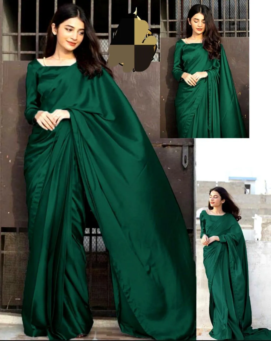  Stitched Saree Set in Rich  Shamose Silk - 2 Pcs Includes Blouse & Petticoat