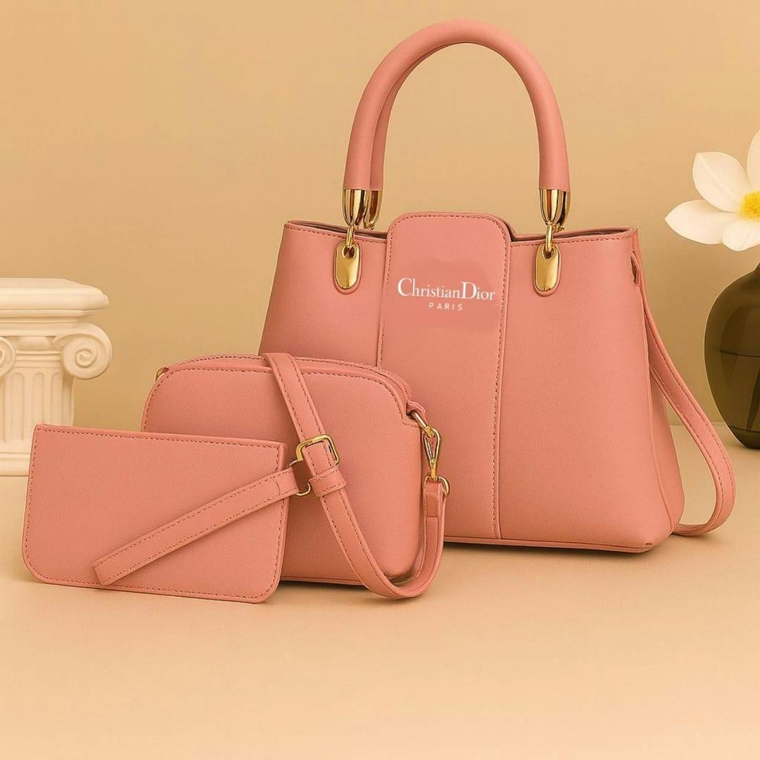 Stylish Women's PU Leather Hand Bag Set - 3 Pcs in Chic Pink
