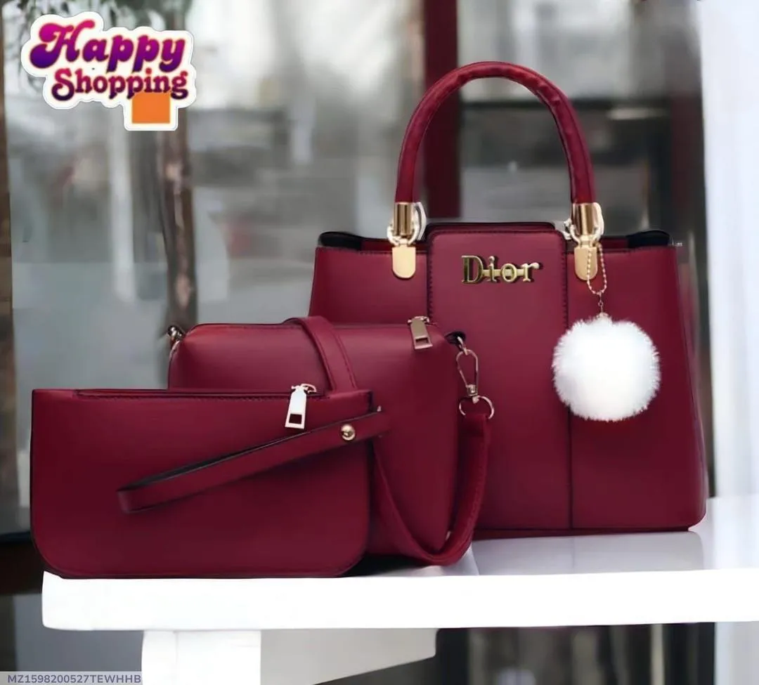 Maroon Dior Style 3Pcs PU Leather Handbag Set