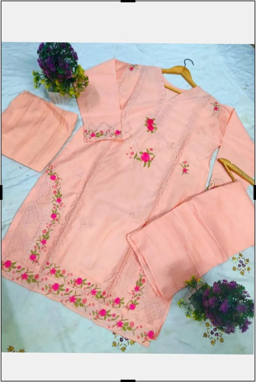 3 Pcs Women's Stitched Cotton Embroidered Suit