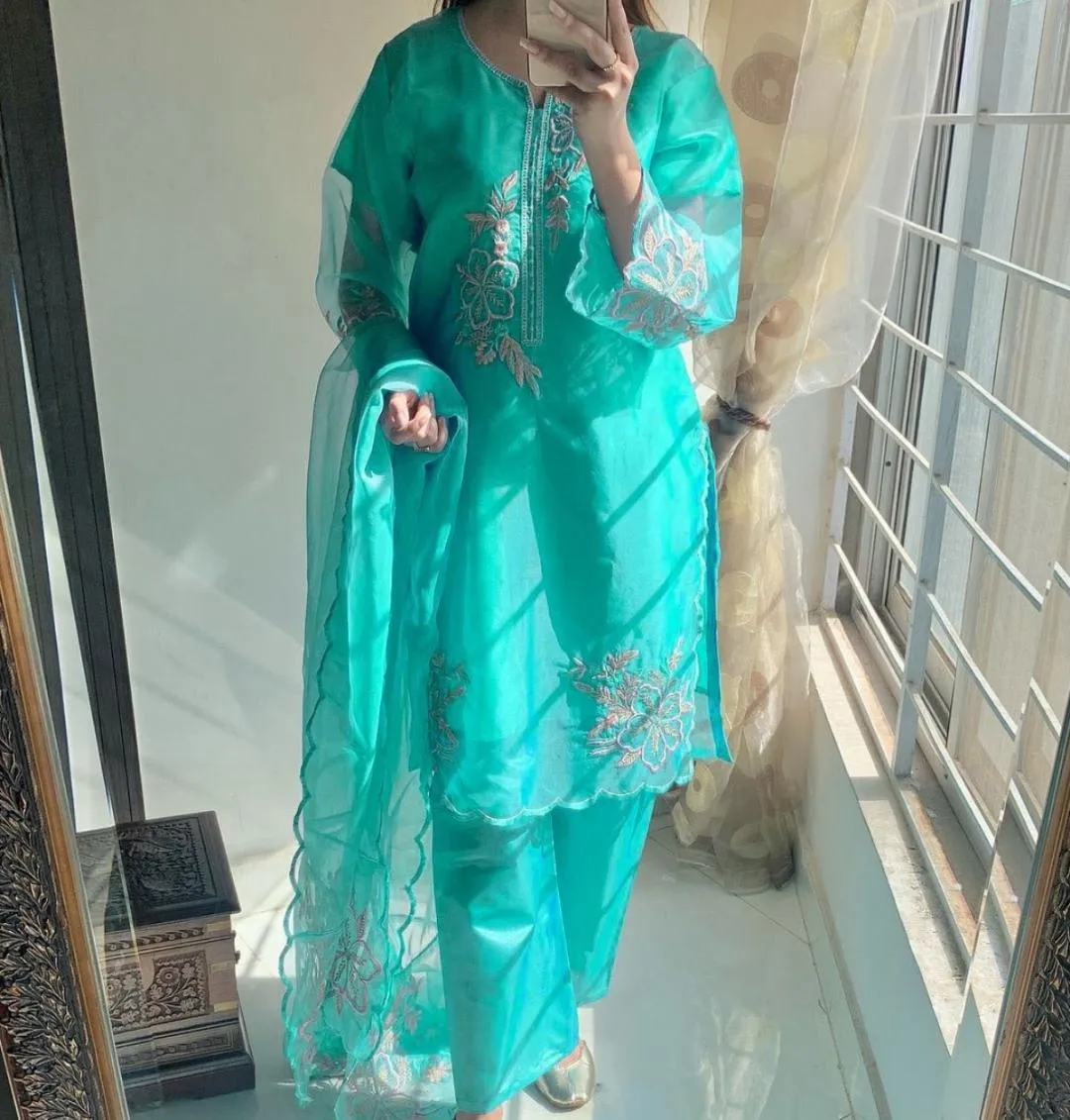 3 Pcs Women's Stitched Organza Embroidered Suit