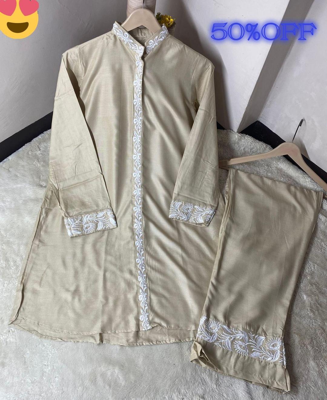 2 Pcs Women's Stitched Linen Embroidered Shirt And Trouser