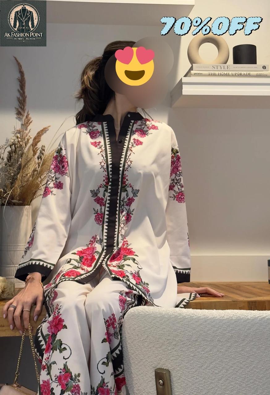 2 Pcs Women's Stitched Swiss Lawn Printed Shirt And Trouser