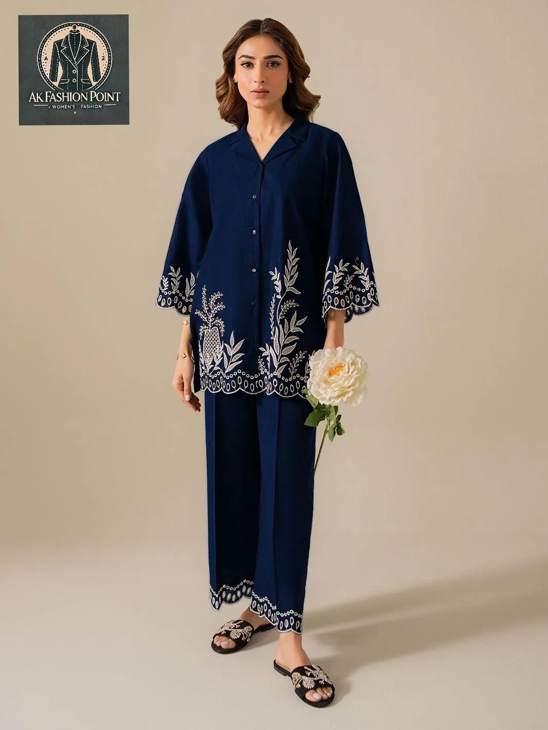 2 Pcs Women's Stitched Cotton Embroidered Shirt And Trouser