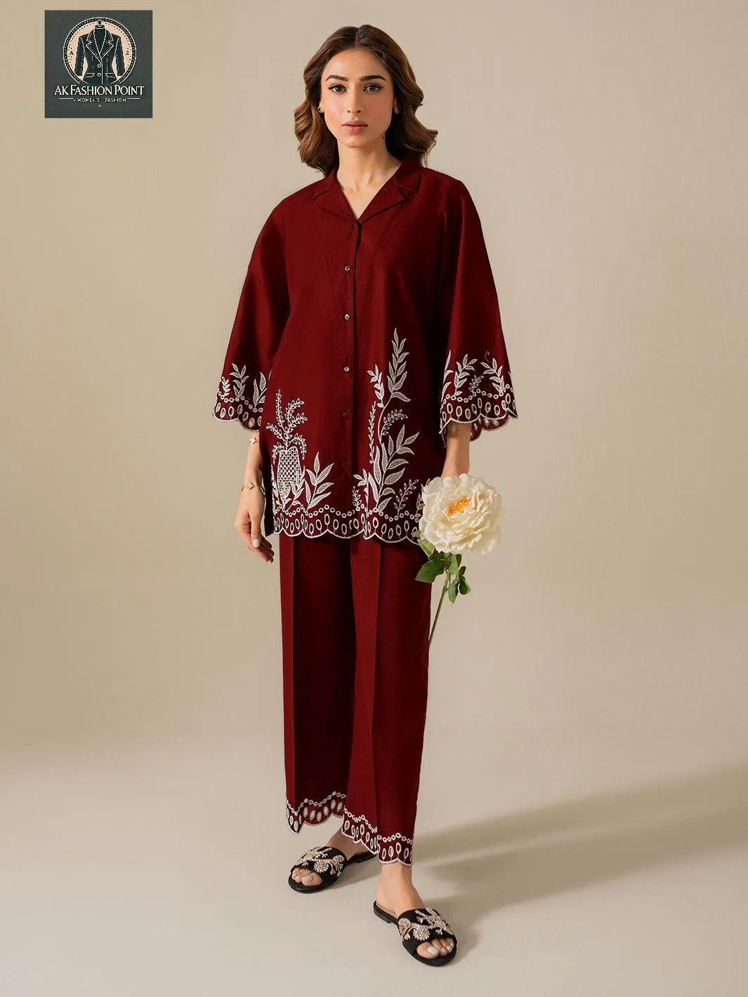 2 Pcs Women's Stitched Cotton Embroidered Shirt And Trouser