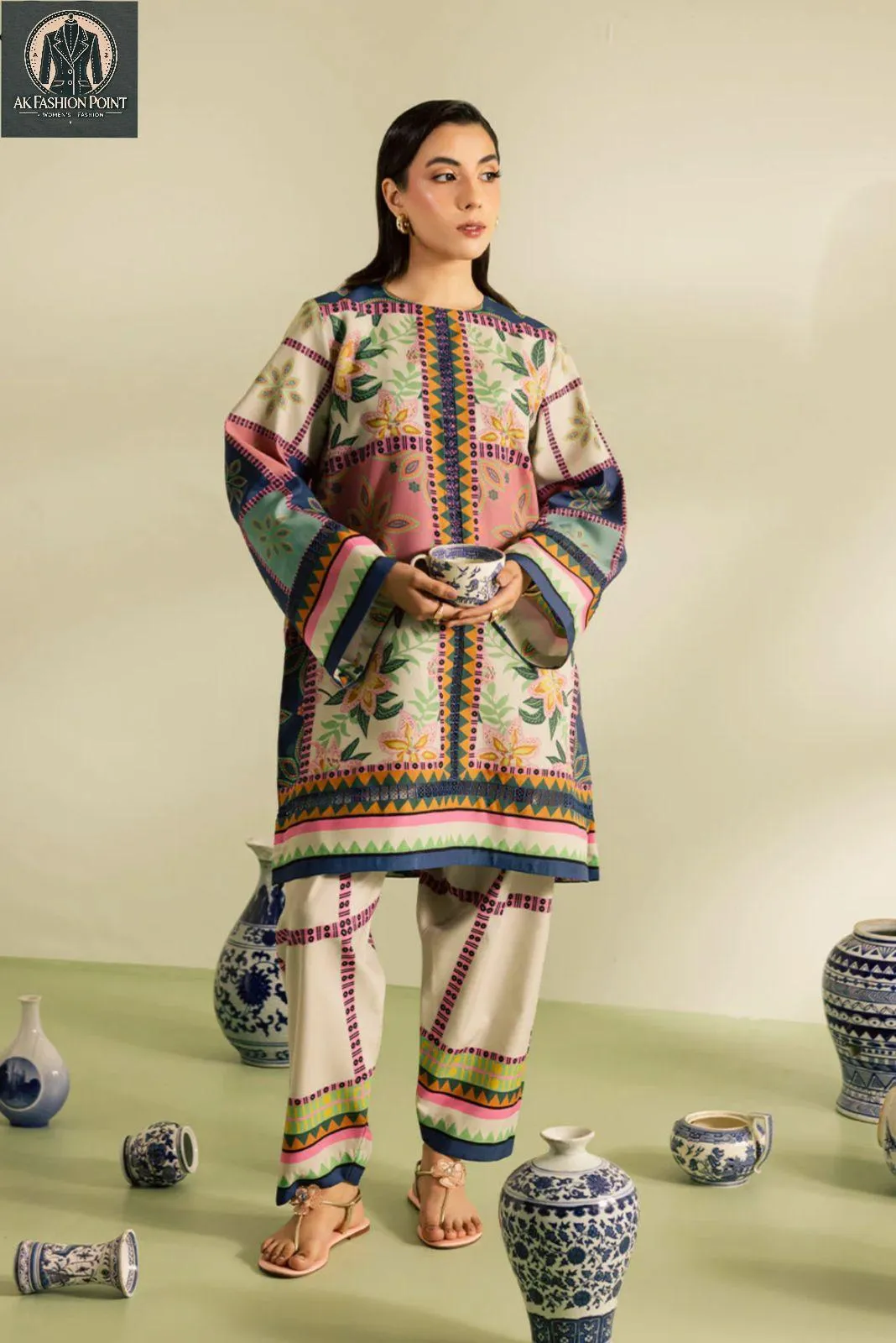 2 Pcs Women's Stitched Swiss Lawn Digital Print Shirt And Trouser